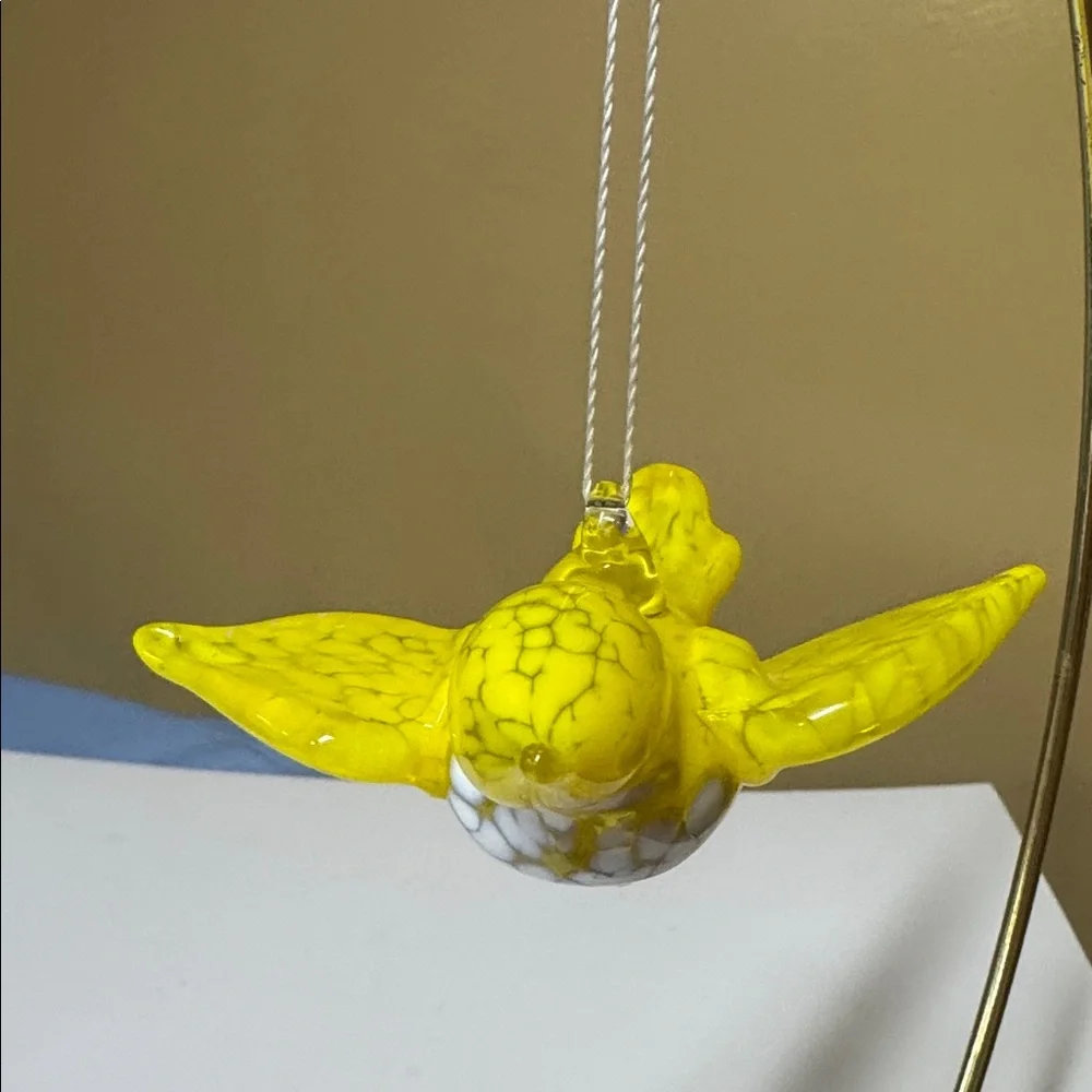 Bird Hanging Ornament yellow and white speckled glass handblown 4” long